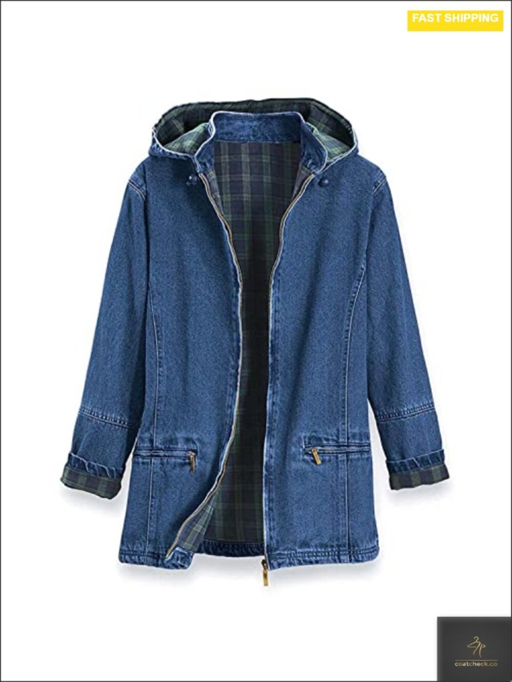 Flannel Lined Denim Jacket with Detachable Hood, Zip Front, Side Pockets, 100%